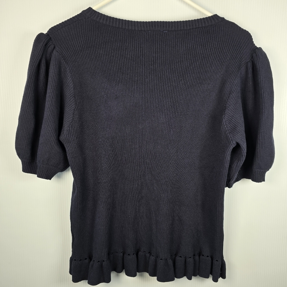 Voy Womens Navy Ribbed Short Puff Sleeve Sweater With White Bows Ruffle Size L - Picture 4 of 13